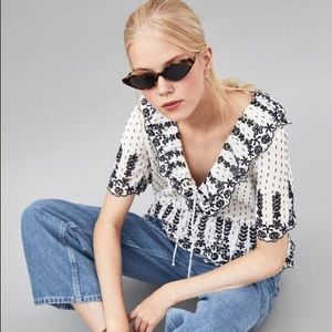 Zara Floral Print Eyelet Blouse